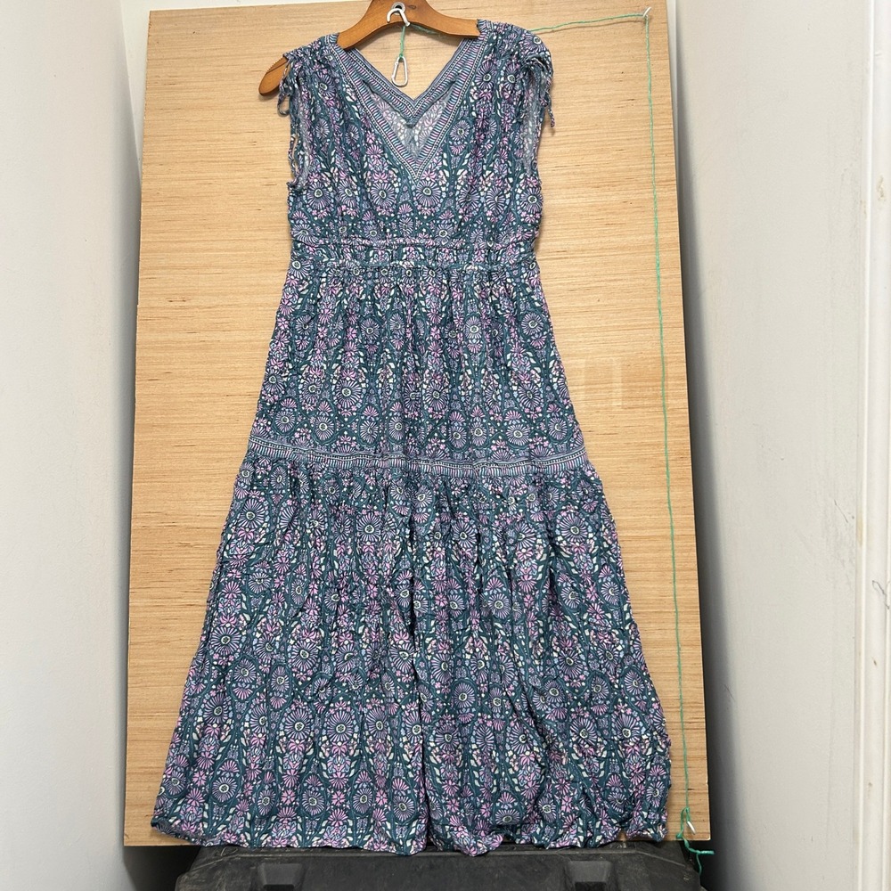 Joie Floral Print V-Neck Tiered Maxi Dress Teal Pink Medallion Size Medium